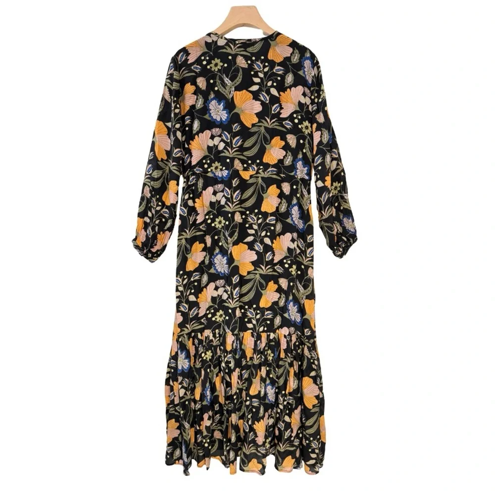 Olivia James the Label Lydia Long Sleeve Fall Floral Midi Dress Black Viscose - Picture 3 of 8